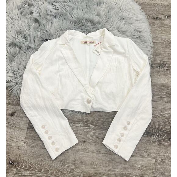Free People Coco Cropped Blazer White Linen Blend One Button SZ. L- NWT $148.00 - Picture 2 of 4